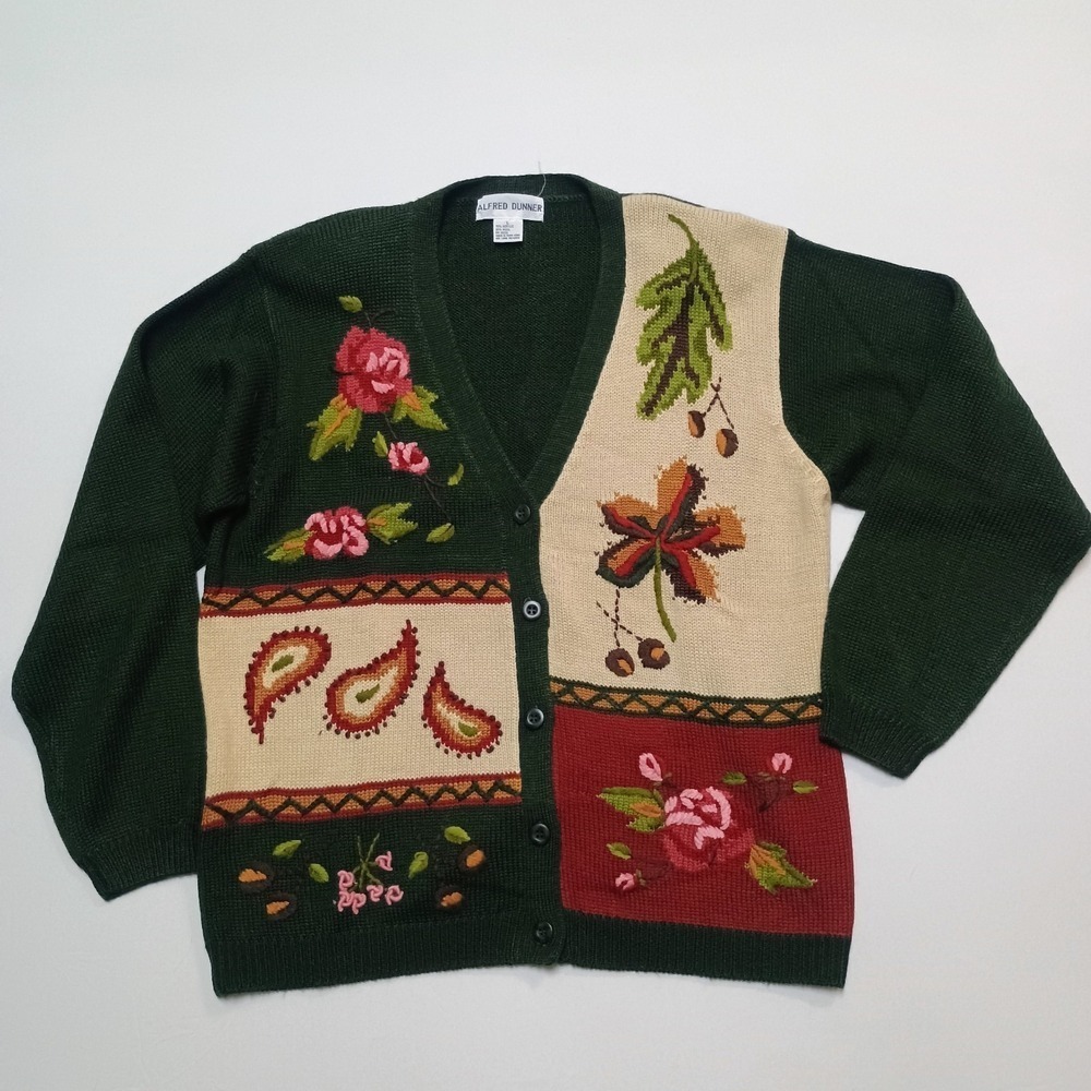 Alfred Dunner Fall Thanksgiving Holiday Cardigan Sweater Embroidered Paisley